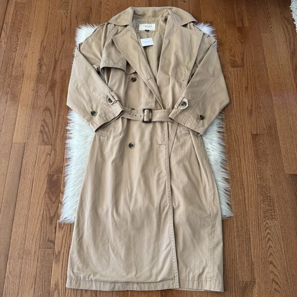 American Eagle Twill Long Trench Coat Women’s Large Belted Beige Jacket Preppy - Picture 4 of 16